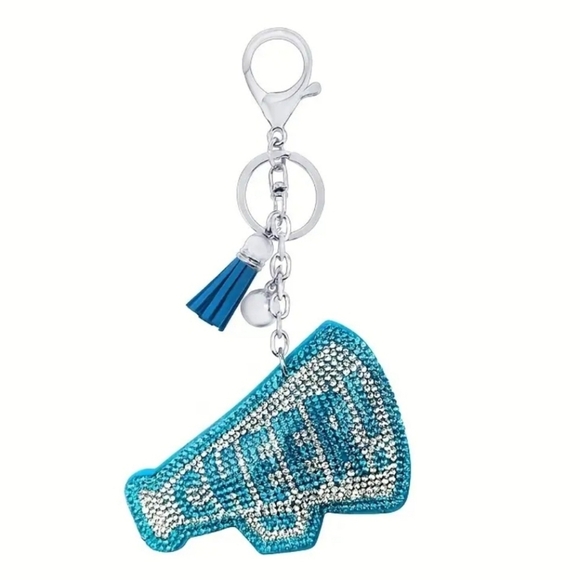 Bling Cheer Crystal Rhinestone Keychain Bag Charm With Blue Tassel - Picture 6 of 10